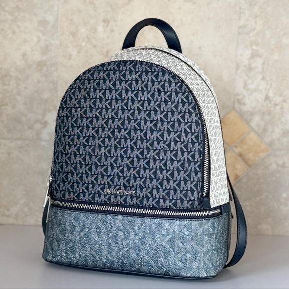 Michael Kors Rhea Medium Backpack MK Glitter Blue/White - Picture 4 of 12
